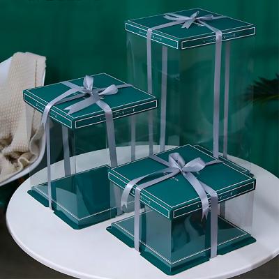 China Y47 Disposable Eco Friendly Custom Birthday Cake Box Fancy Design Bakery Transparent Packaging Clear Plastic Cake Box With Ribbon for sale