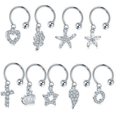 China TRENDY Steel Dangle CZ Cartilage Circle with Crown Brass Heart Rook Tragus Lobe Helix Lip Ear Piercings Pendant Jewelry 20G for sale