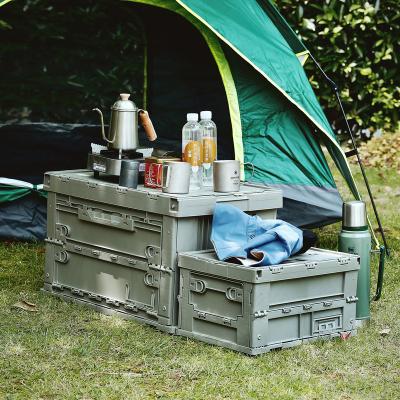 China SHIMOYAMA Outdoor Camping Folding Folding Necessary Tool Stackable Storage Box with Wooden Table Cover and Durable Movable Tray for sale