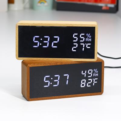 China WC068 Temperature and Humidity Calendar Desk Table Desktop Table Solid Wood Mirror CLASSIC Multifunctional LED Digital Alarm Clock for Promotion for sale