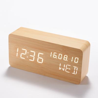 China WC004 Voice Control Bamboo Office Desk Table LED Year Month Date Quartz Wooden Clock With Calendar for sale