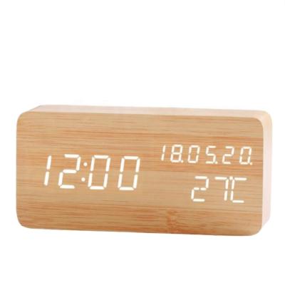 China Class WC066 Voice Activated Wooden Square LED Digital Clock with Calendar and Temperature for sale