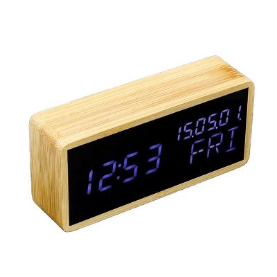 China Real Mirror WC037 LED Screen Week Calendar Digital Display LED Bamboo Wooden Acrylic Alarm Clock for sale