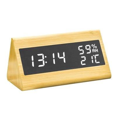 China New Design WC036 Bamboo Triangle LED Mirror Bamboo Alarm Clock With Temperature Humidity for sale