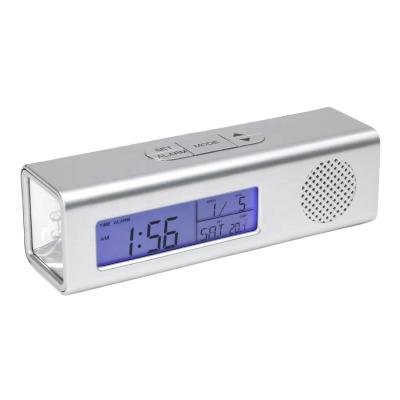 China Europe CL119 Backlight LCD Digital FM Radio LED Flashlight Blue Plastic Travel Alarm Clock with Temperature Calendar for sale