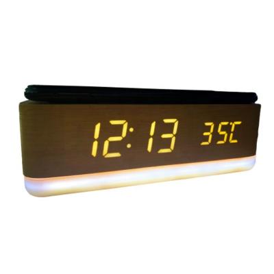 China Antique Style Wooden Smart LED Alarm Clock with Night Light Time-Temperature Display Wireless Charger Clock for sale