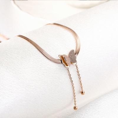 China Luxury Beautiful Design High End Exquisite Stainless Steel Real Light Gold Color Preserving Snake Bone Chain Butterfly Necklace for sale