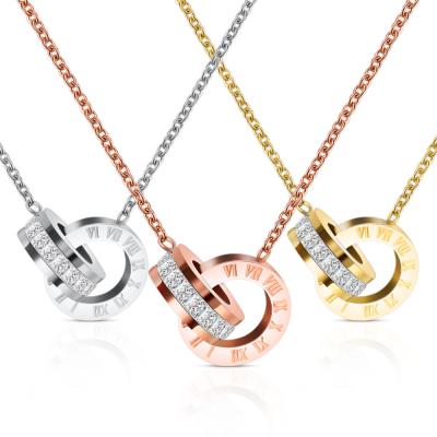 China Beautiful Hot Sale Simple Titanium Steel Women Rose Gold Roman Numeral Double Ring Pendant Necklace for sale