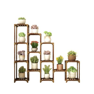 China Combination modern outdoor balcony layer plant wood bamboo display stand with anti-corrosion solid wood flower rack for sale