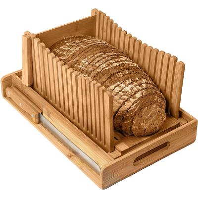 China Sustainable bamboo bread slicer for homemade bread loaf. Adjustable Width.Sturdy Wooden Bread Cutting Board for sale