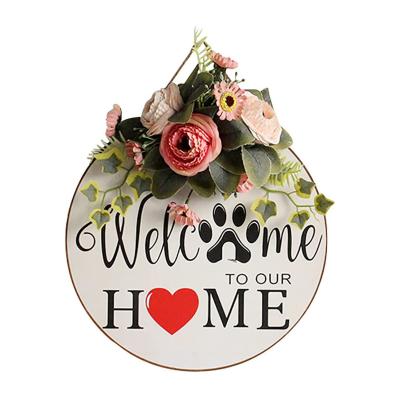 China Wood Round Rustic Interchangeable Seasonal Hanger Front Door Wreath Welcome Sign for Halloween Christmas Farmhouse Decor for sale