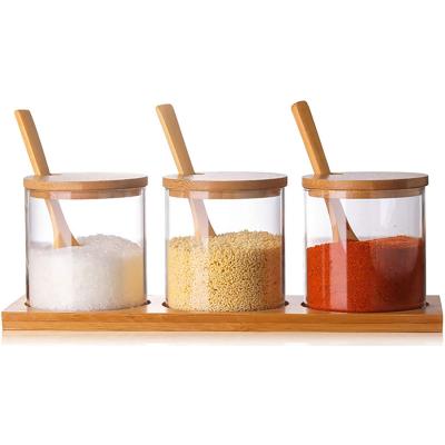 China Simple Style Bamboo Condiment Container&Seasoning Pot Set.Kitchen Salt, Sugar, Spice Pepper Condiment Set with Bamboo Spoon Lid and Base for sale