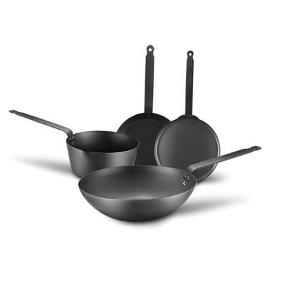 China Sustainable carbon steel kitchen cookware set with non sticking liner and iron handles for sale