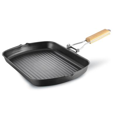 China Sustainable Carbon Steel Rectangle Grill Pan With Foldable Wooden Handle And Non Stick Liner for sale