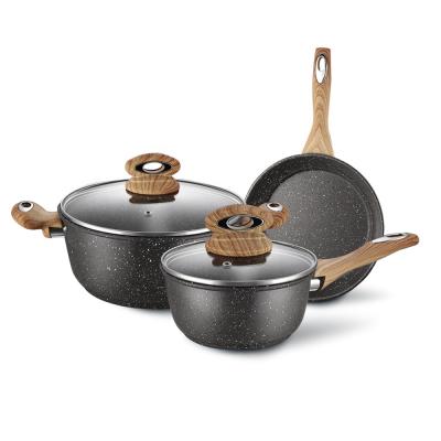 China Sustainable Carbon Steel Kitchen Cookware Set With Ceramic Non Stick Marble Stone Coating And Soft Touch Wood Handle for sale