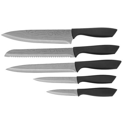 China Durable Titanium Coating With Lazer Damascus Pattern With Soft Touch Handles Stainless Steel Kitchen Knife Set for sale