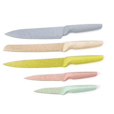 China Viable Straw Handle Wheat Non-Stick Marble Coating Kitchen Knives Set With Knife Block Stand Holder Storage for sale