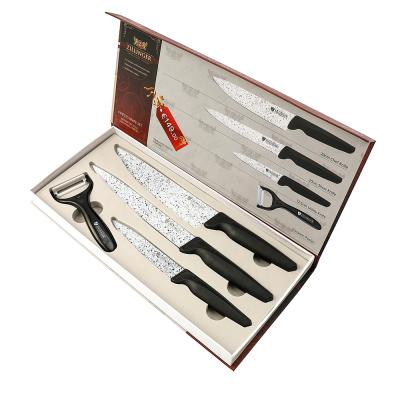 China Viable Plastic Handle Coating Stainless Steel Non-Stick Marble Kitchen Knives Set Cheap Cutlery With Gift Box Packing for sale