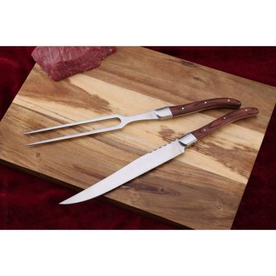 China Professional use viable for BBQ pakka wood forged to handle stainless steel carving knife and fork set for sale