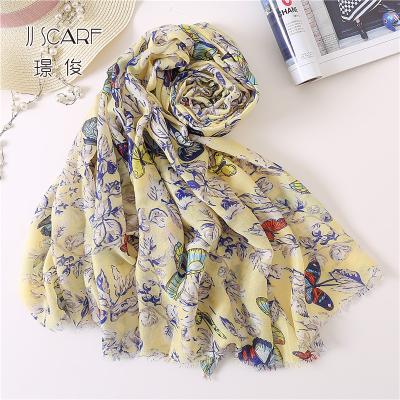 China SINGLE Ready Goods Scarf Butterfly Printed Polyester Satin Nap Soft Travel Head Scarf For Women for sale