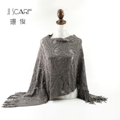 China Long Dark Gray Egypt Acrylic Tassel Knitted Acrylic Poncho Shawl For Women for sale