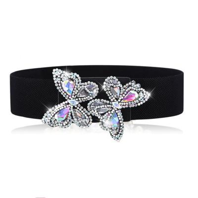 China Elegant Ladies Bling Elastic Waistband Buckle Butterfly Rhinestone Webbing Stretch Belt for sale