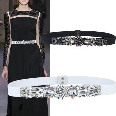 China Plastic Elastic Stretch Belt Dress Belt Dazzle Rhinestone Pearl Belt White Bling for sale