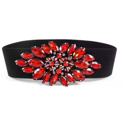 China Women Elastic Blue Rhinestone Belt Elastic Ladies Dress Dazzle Belt Stretch Red-Pink Rhinestone Bling Extra Long Strap Belt for sale