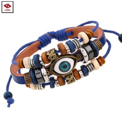 China Running Rope Bracelet Wax Leather Available Leather Beaded Bracelet Unisex Multi Layer Charms Evil Eye Bracelet for sale