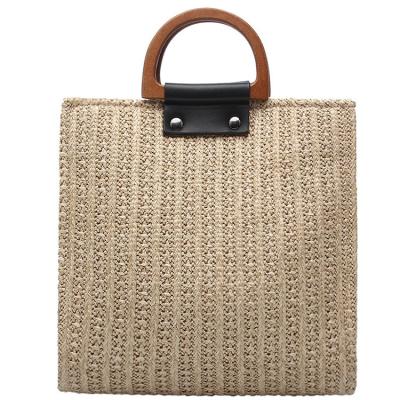 China Waterproof Custom Wooden Top Straw Woven Top Handle Design Ladies Beach Tote Bag Fashionable Women Cross - Body Handbag for sale