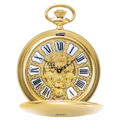 China Unisex High End Skeleton Design Gold Color Handwinder Movement Pocket Watch for sale