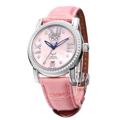 China Women Pearl Shell Dial Watch With Diamonds Sliver Automatic Dispenser Leather Strap Lady Watch for sale