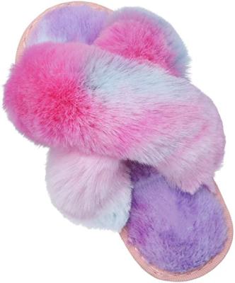 China Custom Round Indoor Outdoor Soft Plush Fur Kids Slides Sandals Rainbow Home Slippers for Boys Girls for sale