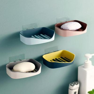 China Wall Mounted Non Drilling Soap Dish Viable Self Adhesive Double Layer Soap Rack Soap Sponge Dish Bathroom Accessories for sale