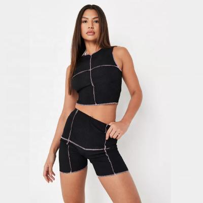 China Fashionable QUICK DRY Rib Exposed Seam Crop Tops OEM Shorts Sets High Quality 2 Piece Set Design Slim Stretch Fabric for sale