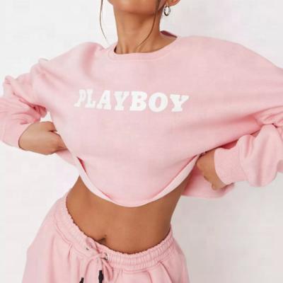 China Anti-wrinkle crop top woman crew neck set digital printing logo 2 piece terry cotton fabric with drawstring tracker for sale