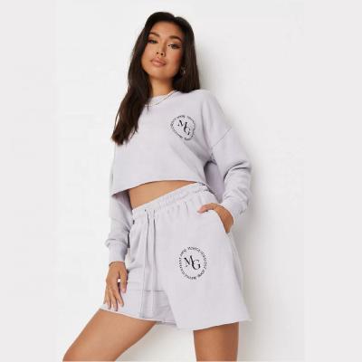 China Women QUICK DRY Crop Edge Cotton Fleece Sweatshirts Raw Tracksuit Shorts Long 2 Piece Sports Loungewear For Summer Label for sale