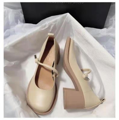 China 2022 New Women Girl Mary Jane High Heels Shallow Pumps Lolita Heels Cute Round Toe Lightweight Wide Heels Women Leather Trim Shoes for sale