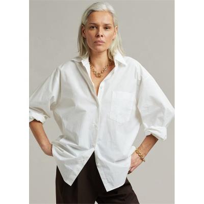 China New Fashion Anti Shrink Poplin Collared Drop Shoulder Long Sleeve Casual Oversized Shirts Women Button Up White Boxy Shirt for sale