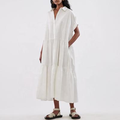 China Baola Apparel China Manufacturer Washable Relaxed Fit Short Sleeve Tiered Dress In White Cotton Poplin Shirt Maxi Dress For Women for sale