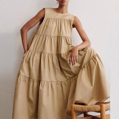 China Washable Sleeveless Tiered Dress in Cotton Poplin Taupe Lightweight Taupe Loose Fit Oversized Loose Fit 100% Dress for sale