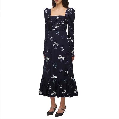 China Washable Vintage Navy Floral Midi Dress Women Floral Print Long Sleeve Midi Dresses for sale