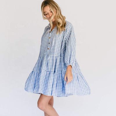 China Mini Avalon Smock Dress Blue Gingham Smocked Washable Sissy Dress Shirt Women Mini Dresses for sale