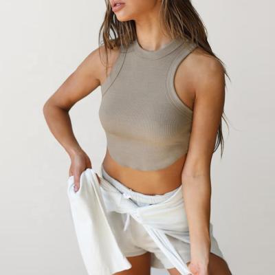 China QUICK DRY WOMEN CROP TANK FEATURING EXAGGERATED CREW NECKLINE AND CURVED EDGE KNIT HEAVY CROP RIBBED TOP for sale