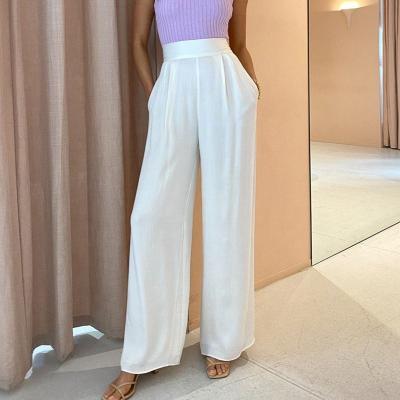 China Anti-Wrinkle Women's Anti-Wrinkle Side Invisible Back Pockets Pants 69% Cupro 31% Viscose Zipper High Waisted Wide Leg Panties With Middle Pleat Ivory Pants for sale