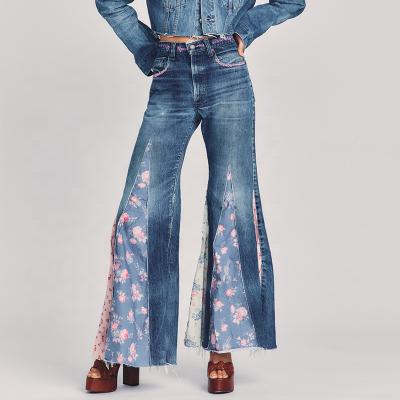 China Exclusive QUICK DRY Floral Flare Jeans 100% Cotton Floral Print Pants Jean Project High-waisted Patches Slim Fit Flare Jeans for sale