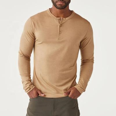 China Anti-Wrinkle Men's Long Sleeve Henley T-shirts 100% Merino Wool Classic Three Button Crewneck Long Sleeve T-Shirts for sale