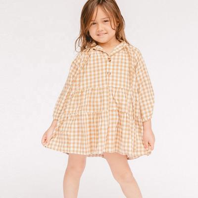 China New Arrival Washable Classic Beige Girls Gingham Long Sleeve Boho Dress Tiered A Line Toddler Dress for sale