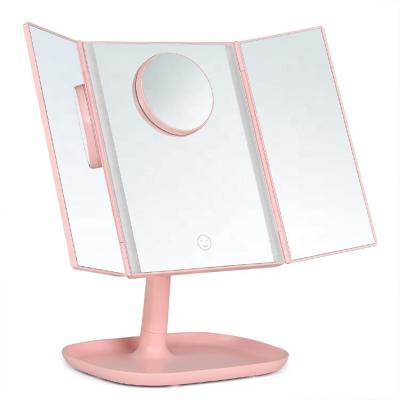 China Success Lighted Vanity Led Triple Lighted Travel Makeup Mirror Desktop Magnified Make Up Mirror With Lights for sale