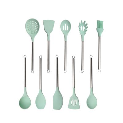 China Mint Green Viable 10 Pieces Stainless Steel Handle With Hook Non Stick Silicone Kitchen Cook Utensil Set for sale